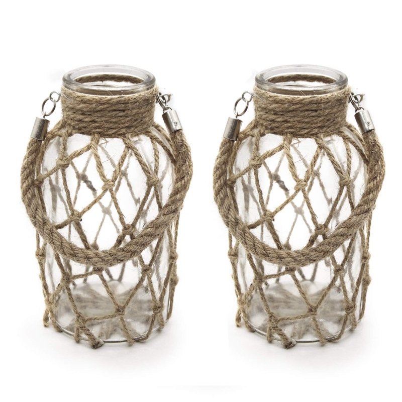 Decorative Vase Nautical Rope Net Glass Jar Rope Handle Pair