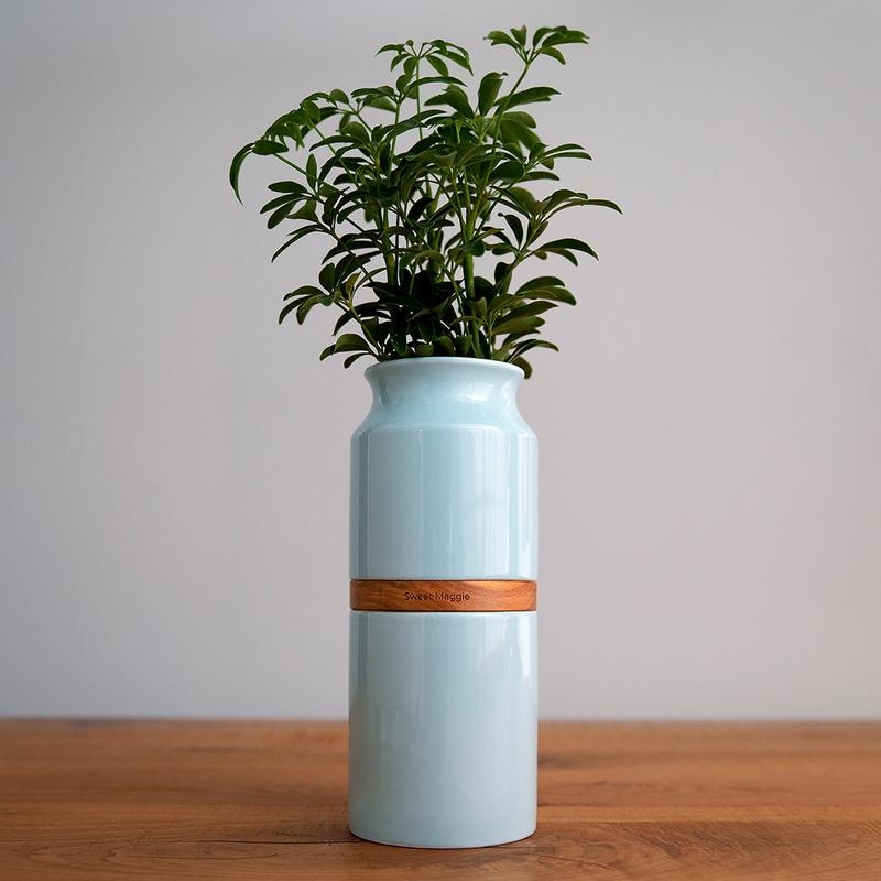 Decorative Vase Powder Blue Cylindrical Central Wood Band Minimalist