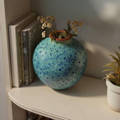 Decorative Vase Round Teal Blue Floral Transferware French Country
