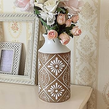 Decorative Vase Rustic Two-Tone Finish Embossed Geometric Floral Pattern