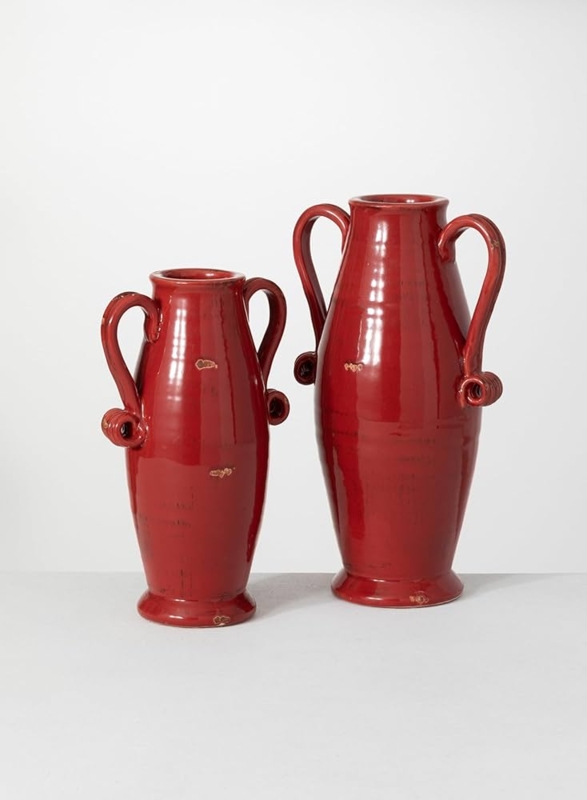 Decorative Vase Scrolled Handles Glossy Finish Distressed Vintage Pair