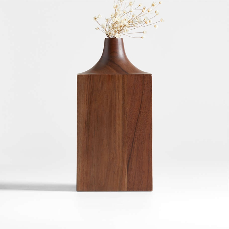 Decorative Vase Sculptural Form Walnut Finish Rectangular to Circular