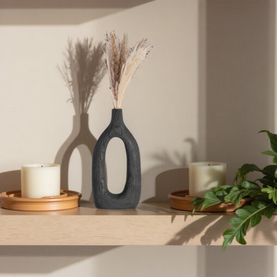 Decorative Vase Sculptural Oval Cutout Matte Black Wood Minimalist