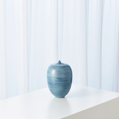 Decorative Vase, Sea Blue Color, Horizontal Striations, Ovoid Shape.