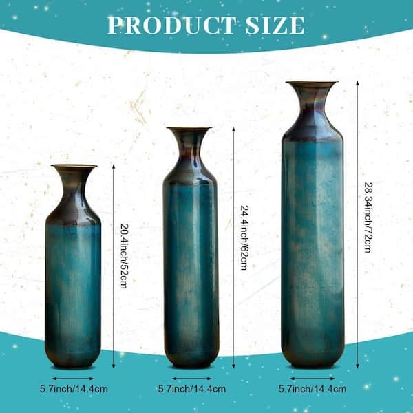 Decorative Vase Set Mottled Teal Metal Graduated Bottle Industrial
