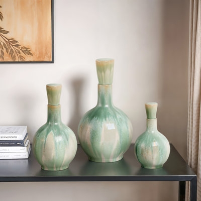 Decorative Vase Set Reactive Glaze Finish Matching Stoppers Boho Ceramic