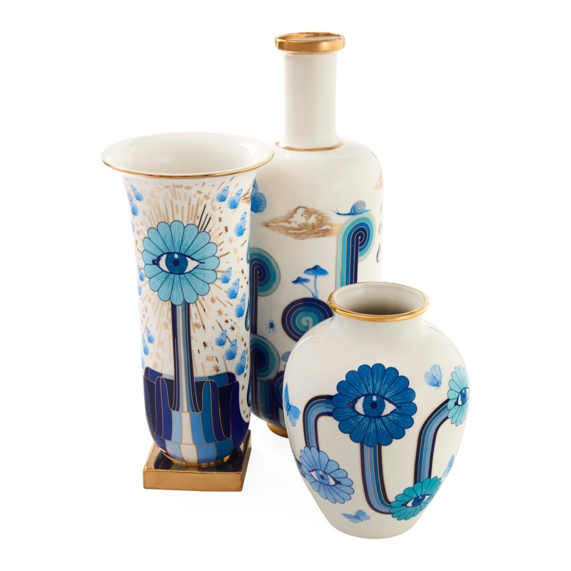 Decorative Vase Set Surrealist Eye Motif Whimsical Blue And White Vases