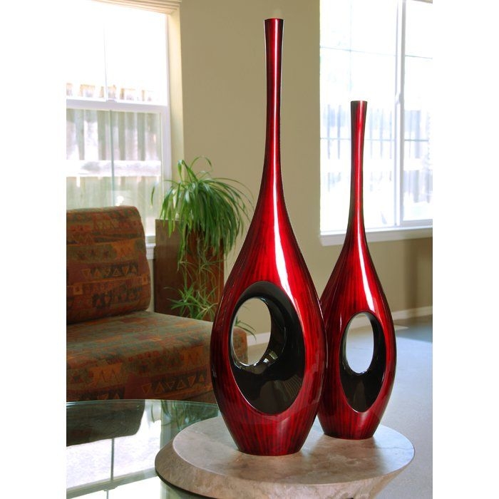 Decorative Vase Set with Pierced Center, Bold Red Sculptural Floor Vases