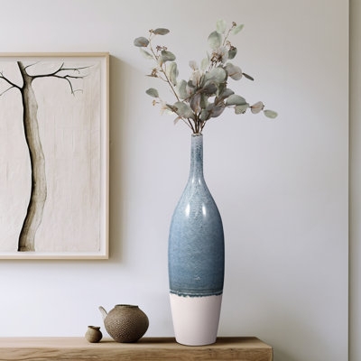 Decorative Vase Tall Slender Blue White Ombre Stoneware Minimalist Decor