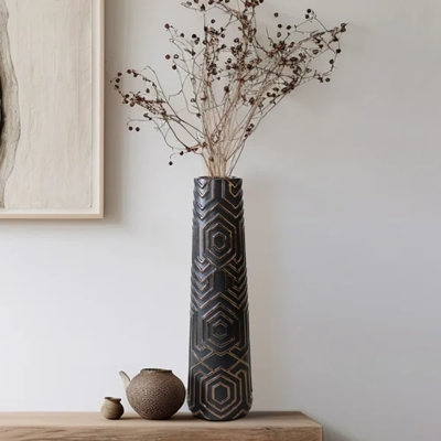Decorative Vase Tall Tapered Hexagonal Embossed Matte Charcoal Black