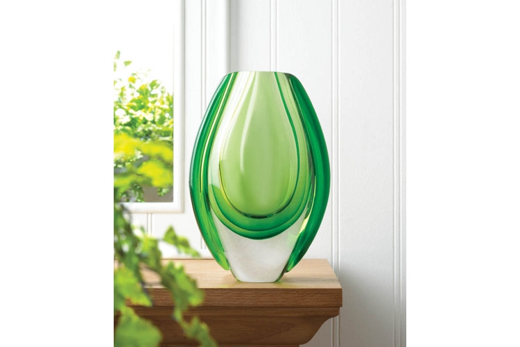 Decorative Vase: Teardrop Layered Green Glass & Heavy Base Decor