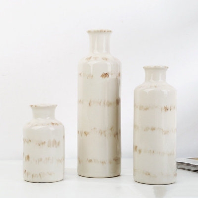 Decorative Vase Trio Cream Farmhouse Horizontal Distressed Stripes