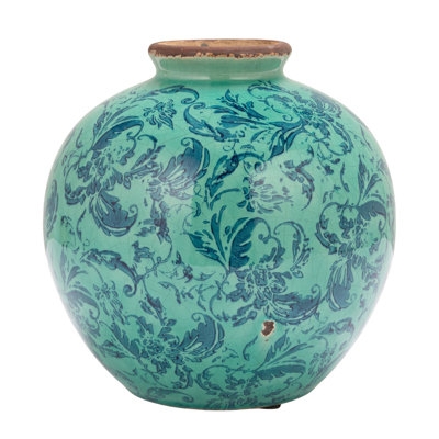 Decorative Vase Turquoise Floral Transferware Distressed Rim Round