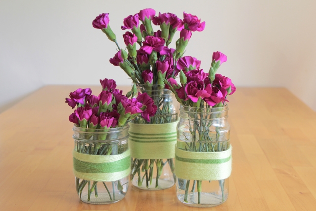 Decorative Vase Yarn Wrapped Magenta Carnations Rustic Mason Jar Decor