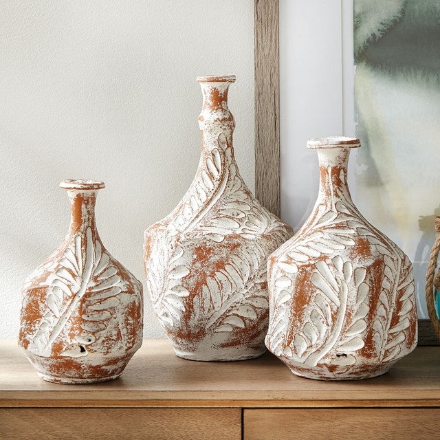 Decorative Vases Botanical Embossing Distressed Whitewash Set