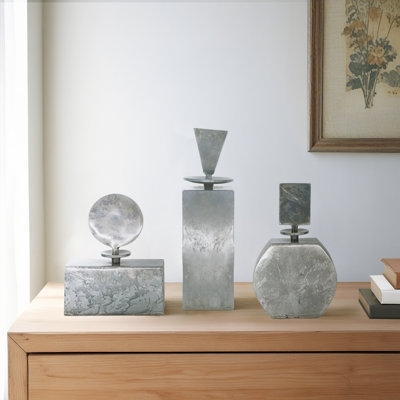 Decorative Vases Geometric Sculptural Design Mottled Aluminum Silver Trio