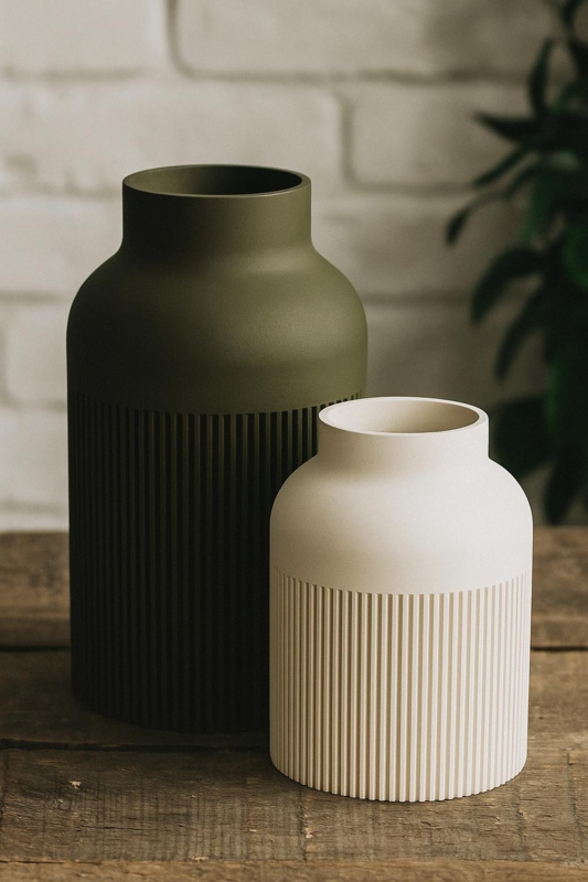 Decorative Vases: Two-Tone Olive & Cream, Ribbed Base, Scandinavian decor.