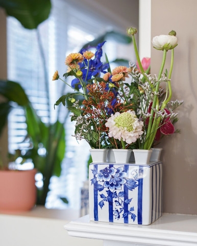 Delft Blue Tulip Vase Square Ceramic Multiple Spouts Floral