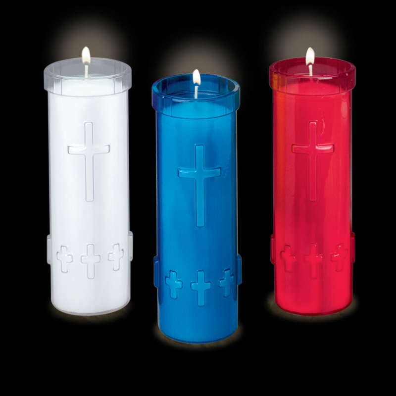 Devotional Candle Embossed Cross Design Vibrant Plastic Set of 3