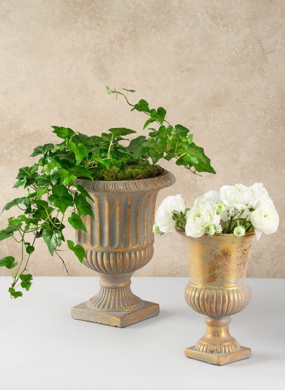 Distressed Gold Fluted Urns, Vintage Pedestal Planters