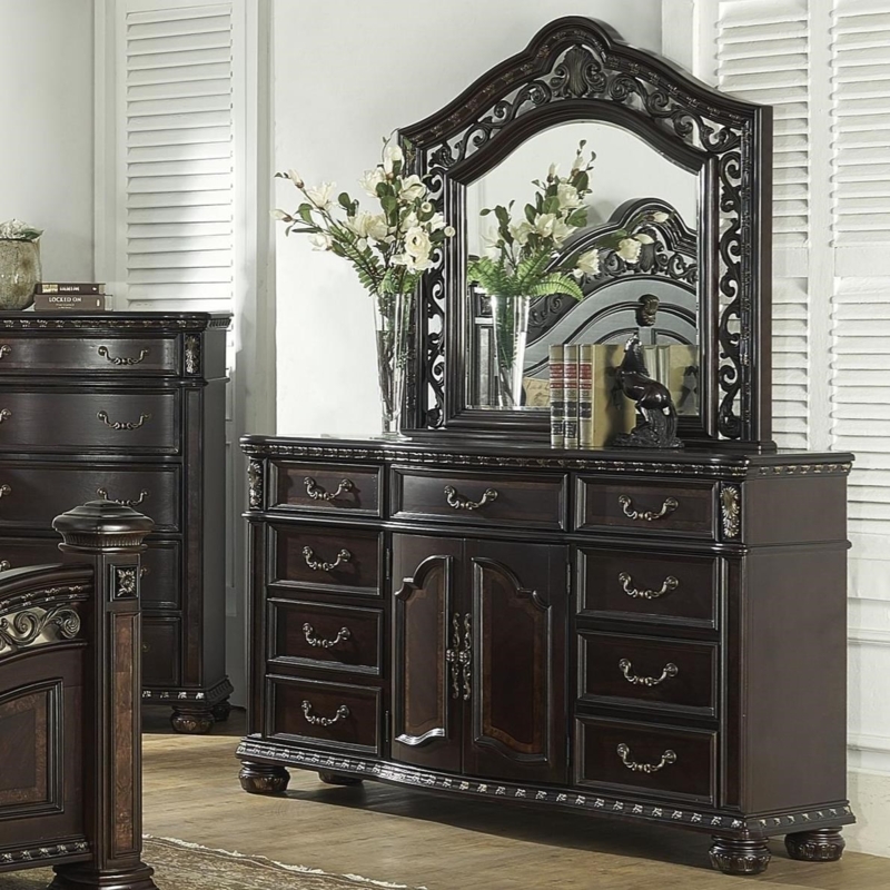 Dresser Traditional Dark Espresso with Ornate Arched Scrollwork Mirror.
