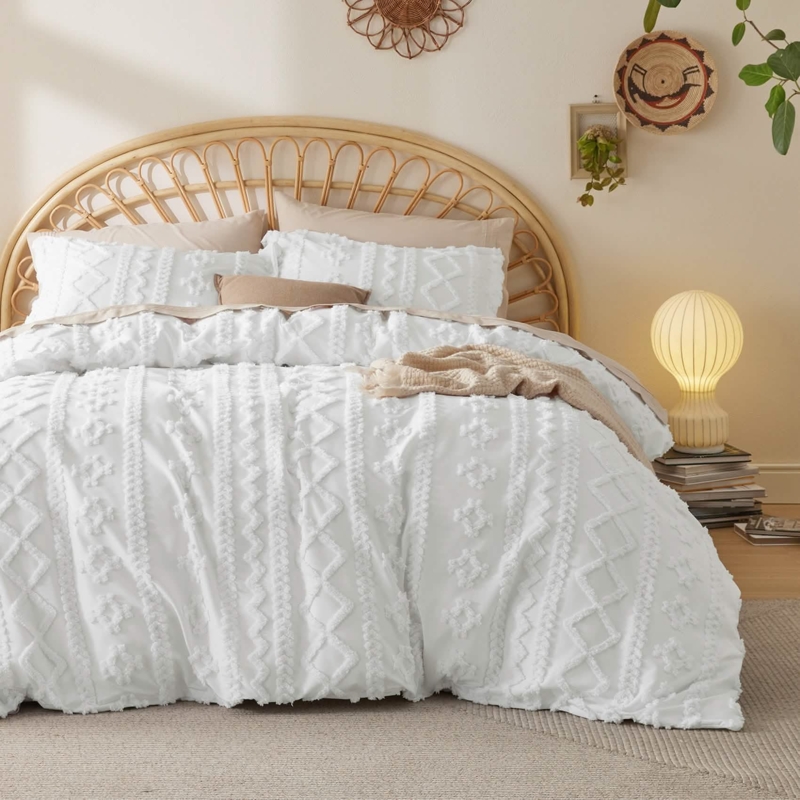 Dusty Blue Duvet Cover Set, Tufted Geometric Embroidery, Boho Transitional.