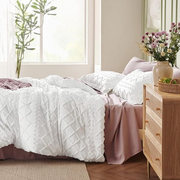 Duvet Cover: All-White Boho with Raised Diamond Embroidery