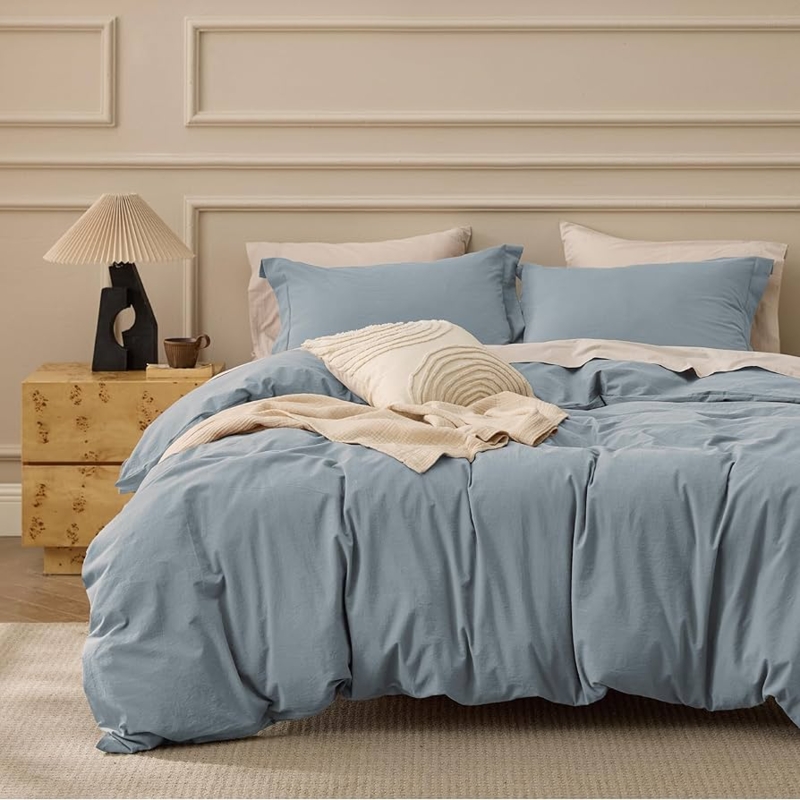 Duvet Cover Dusty Blue Washed Cotton Crinkled Texture Minimalist