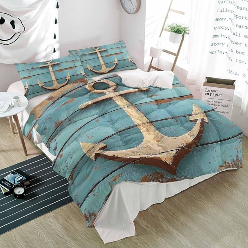 Duvet Cover Set Anchor Motif Distressed Wood Print Nautical Rustic Teal