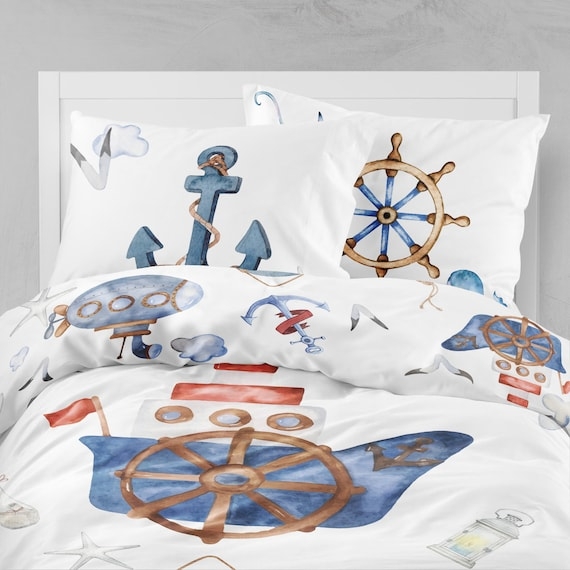 Duvet Cover Set Anchor Pattern Flange Edge Navy And White Coastal