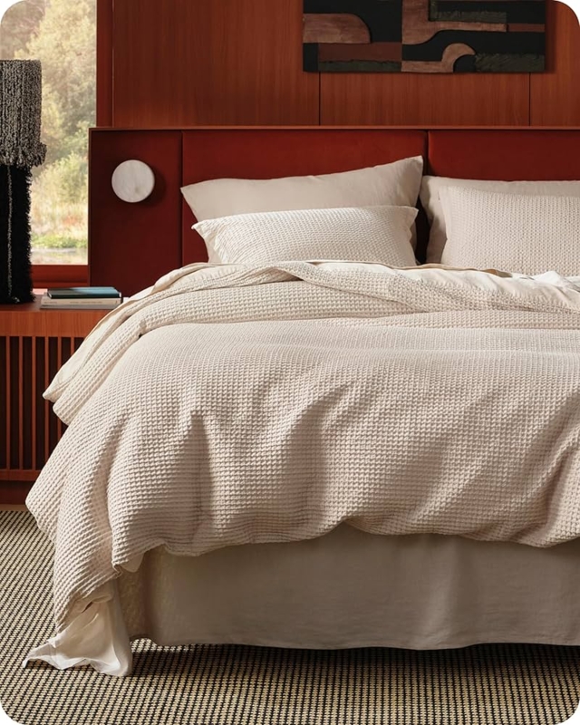 Duvet Cover Set Beige Waffle Weave Texture Organic Modern Styling