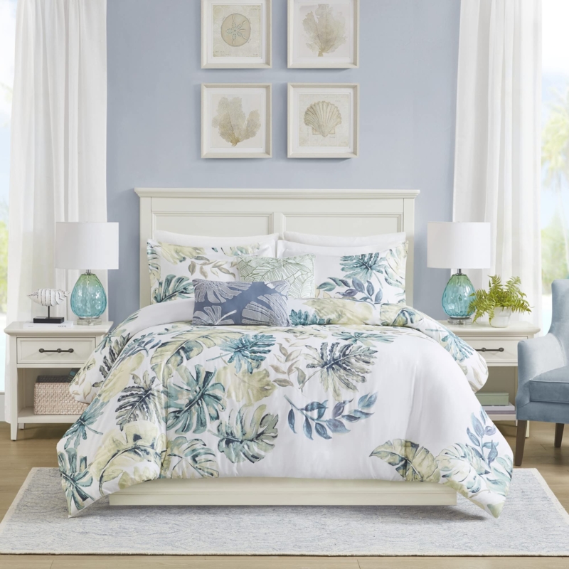 Duvet Cover Set Blue Monstera Leaf Print Modern Coastal
