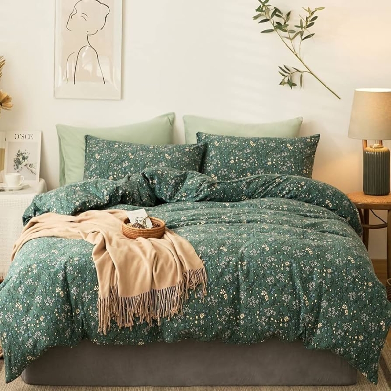 Duvet Cover Set Botanical Print Sage Green Jersey Knit Cottagecore Floral