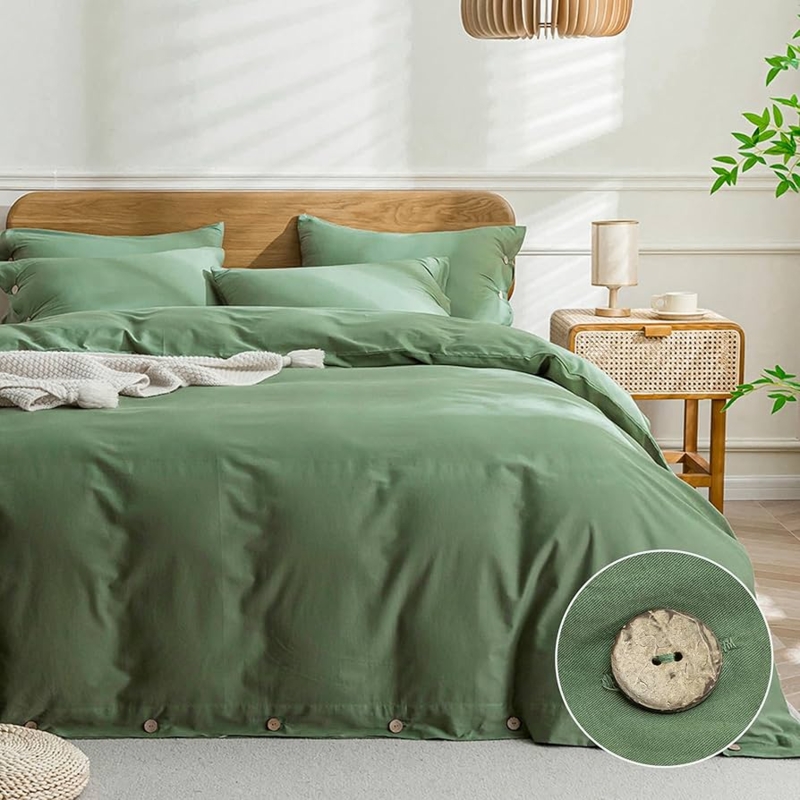 Duvet Cover Set Button Closure Sage Green Washed Cotton Minimalist Style