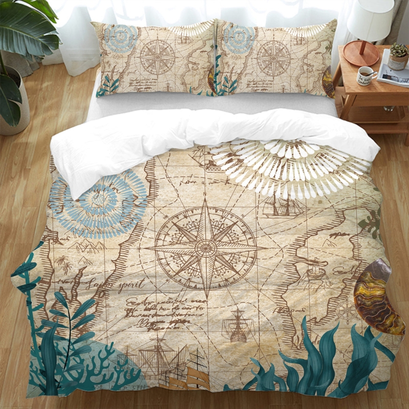 Duvet Cover Set Central Compass Rose Nautical Chart Print Coastal