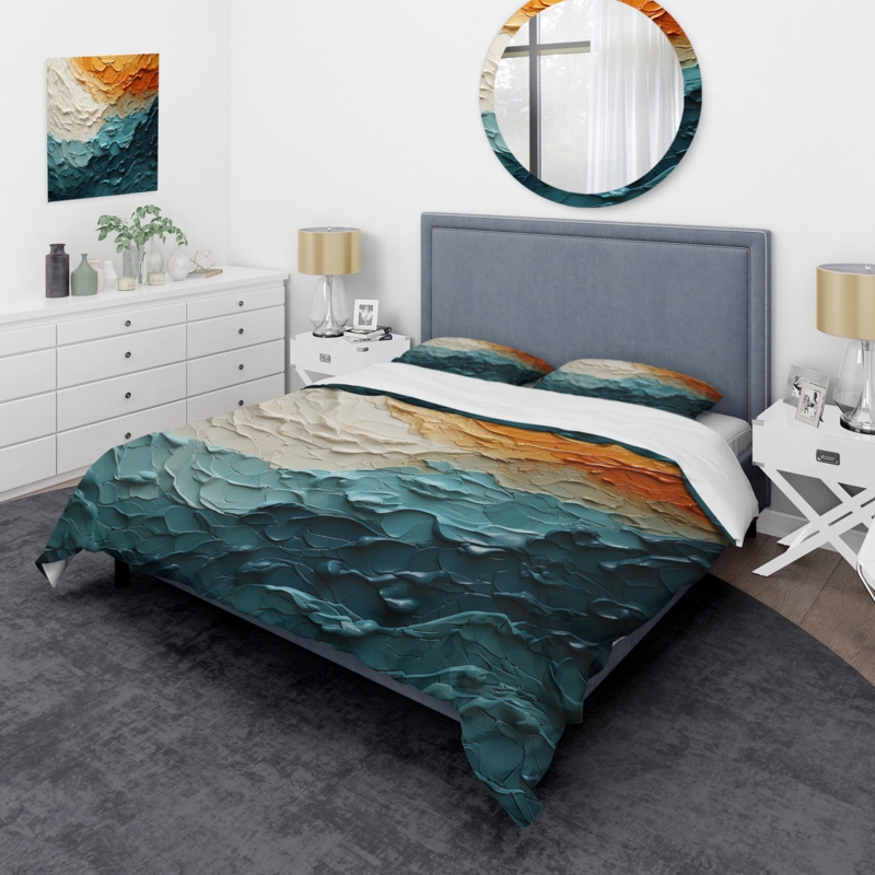 Duvet Cover Set Contemporary Teal Orange Palette Abstract Marble Pattern