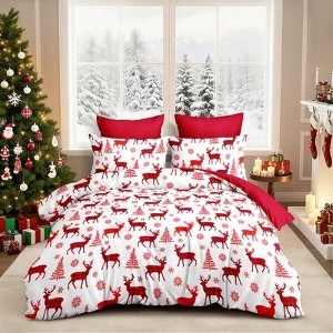 Duvet Cover Set Elk Illustrations Snowflake Pattern Holiday Motif