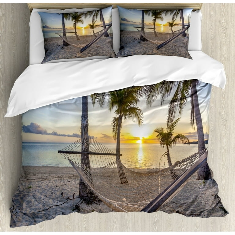 Duvet Cover Set featuring Photographic Beach and Hammock Print