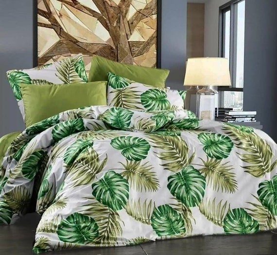 Duvet Cover Set Forest Green Boho Eclectic Monstera Leaf