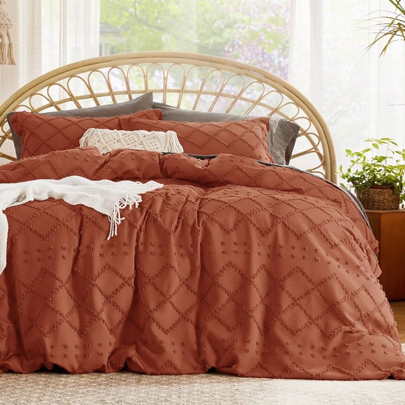 Duvet Cover Set in Terracotta with Geometric Embroidery and Boho Tassels