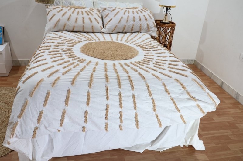 Duvet Cover Set: Ivory Tufted Geometric with Tasseled Accents