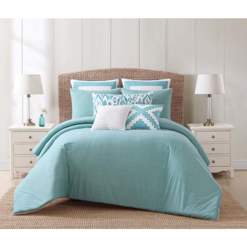 Duvet Cover Set Modern Coastal White Geometric Border Teal Flanged Shams