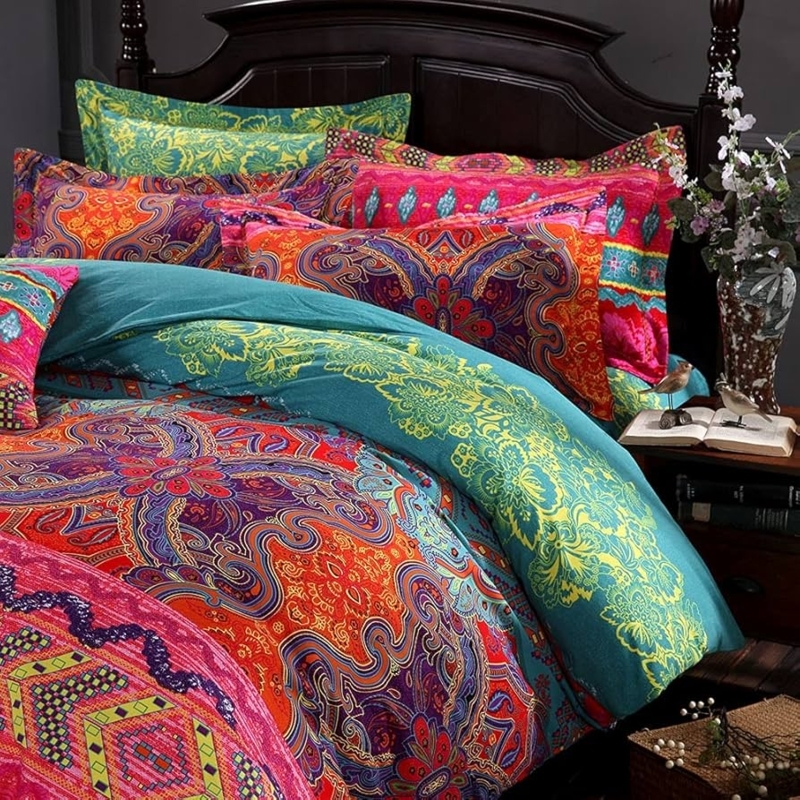 Duvet Cover Set: Red and Teal Mandala with Reversible Stripes