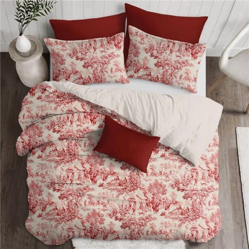 Duvet Cover Set Red And White Toile Pastoral Print Classic Cotton