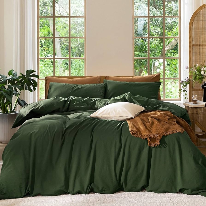 Duvet Cover Set Textured Washed Cotton Forest Green Organic Modern Bedroom