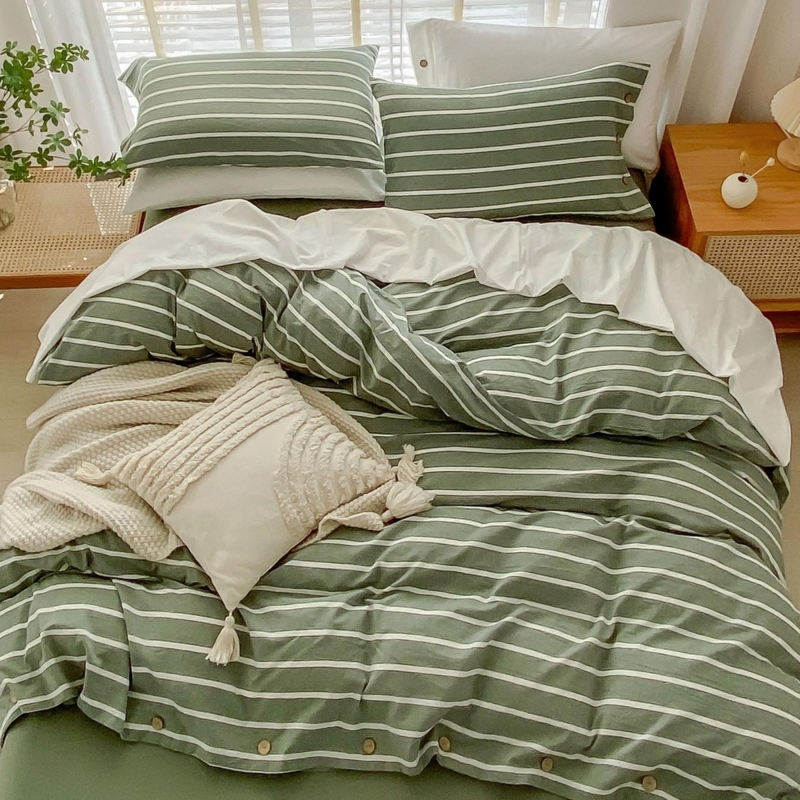 Duvet Cover Set Vertical Stripes Sage Green White Washed Cotton Cottage