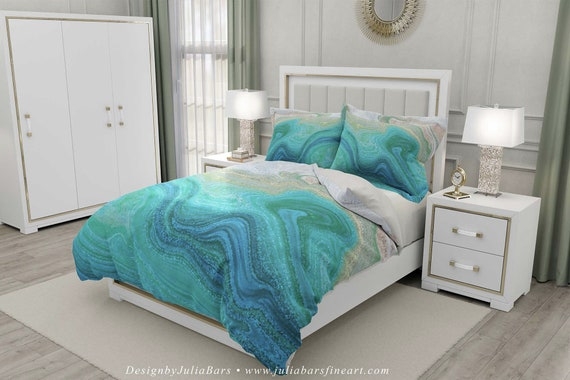 Duvet Cover Set Watercolor Stripes Ocean Inspired Palette Blue Teal