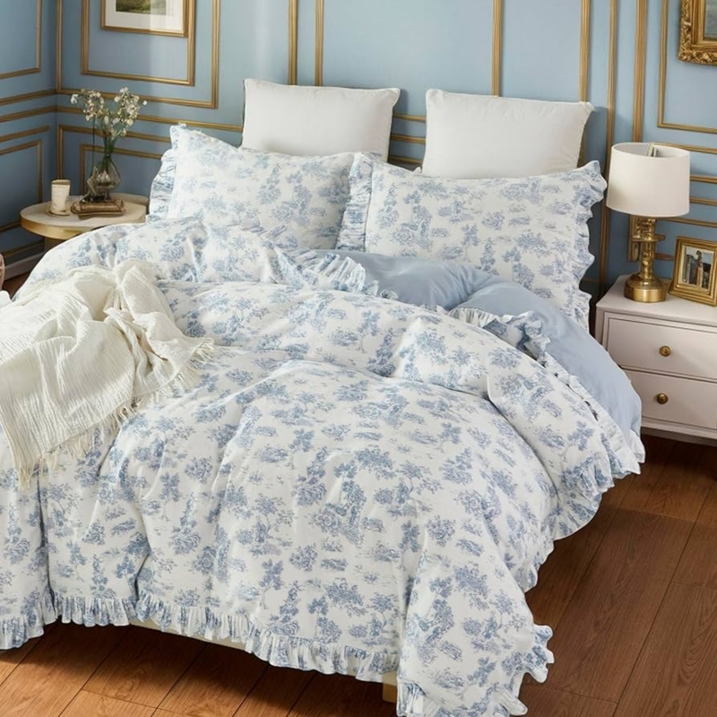 Duvet Cover Set with Ruffle Fringe French Country Toile Bedding Set