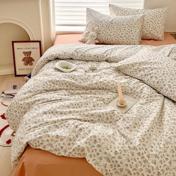 Duvet Cover Set with Teal Botanical Print: Cozy Cotton Floral Bedding