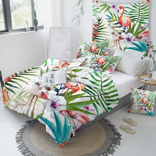 Duvet Cover Set with Vibrant Flamingo and Botanical Print